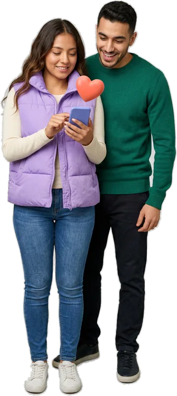 Couple smiling at a phone together, a heart floating above it