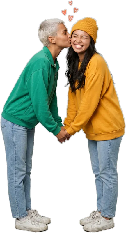 Couple holding hands and kissing, little hearts above them
